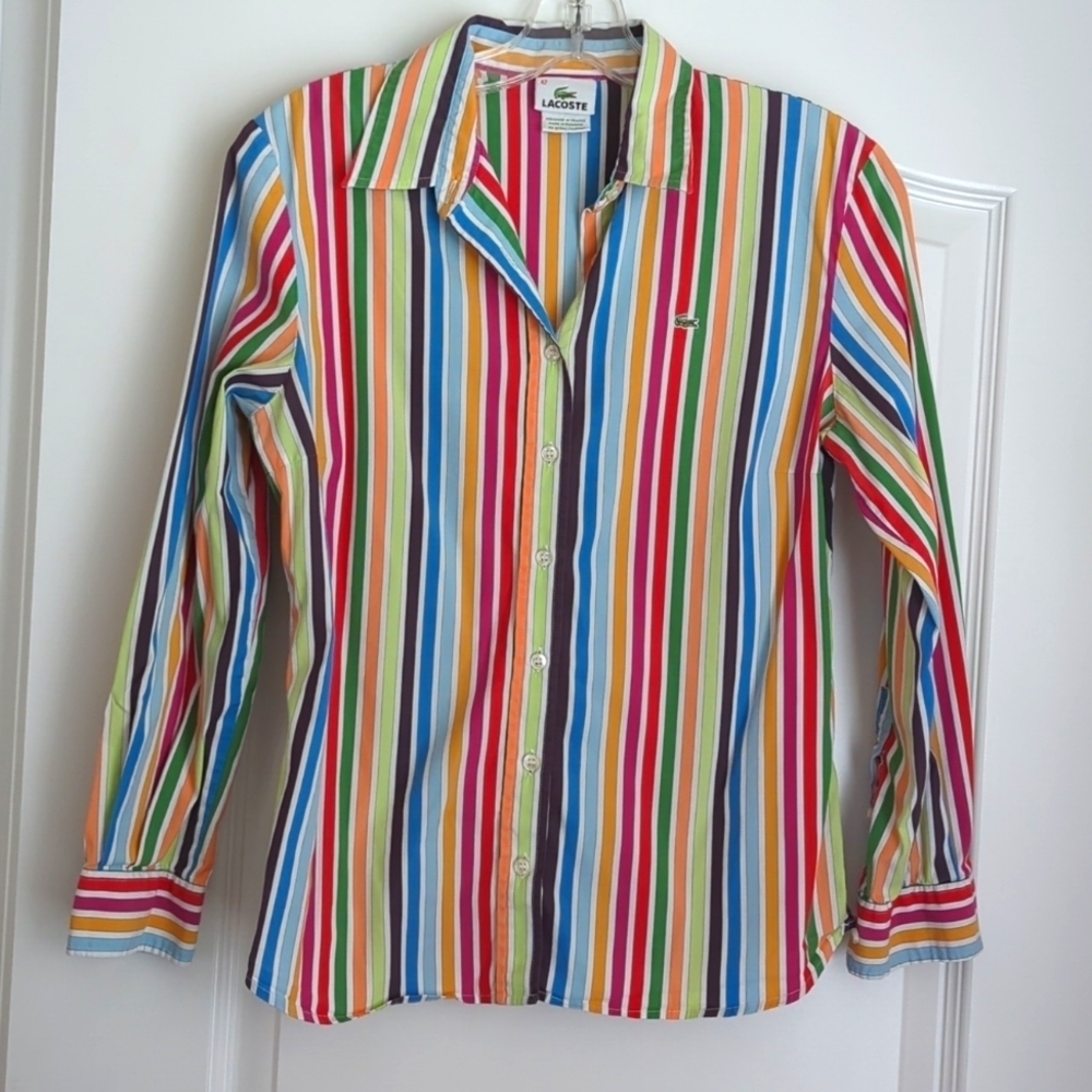 Vintage Lacoste rainbow striped woman's button down. EUC size small
